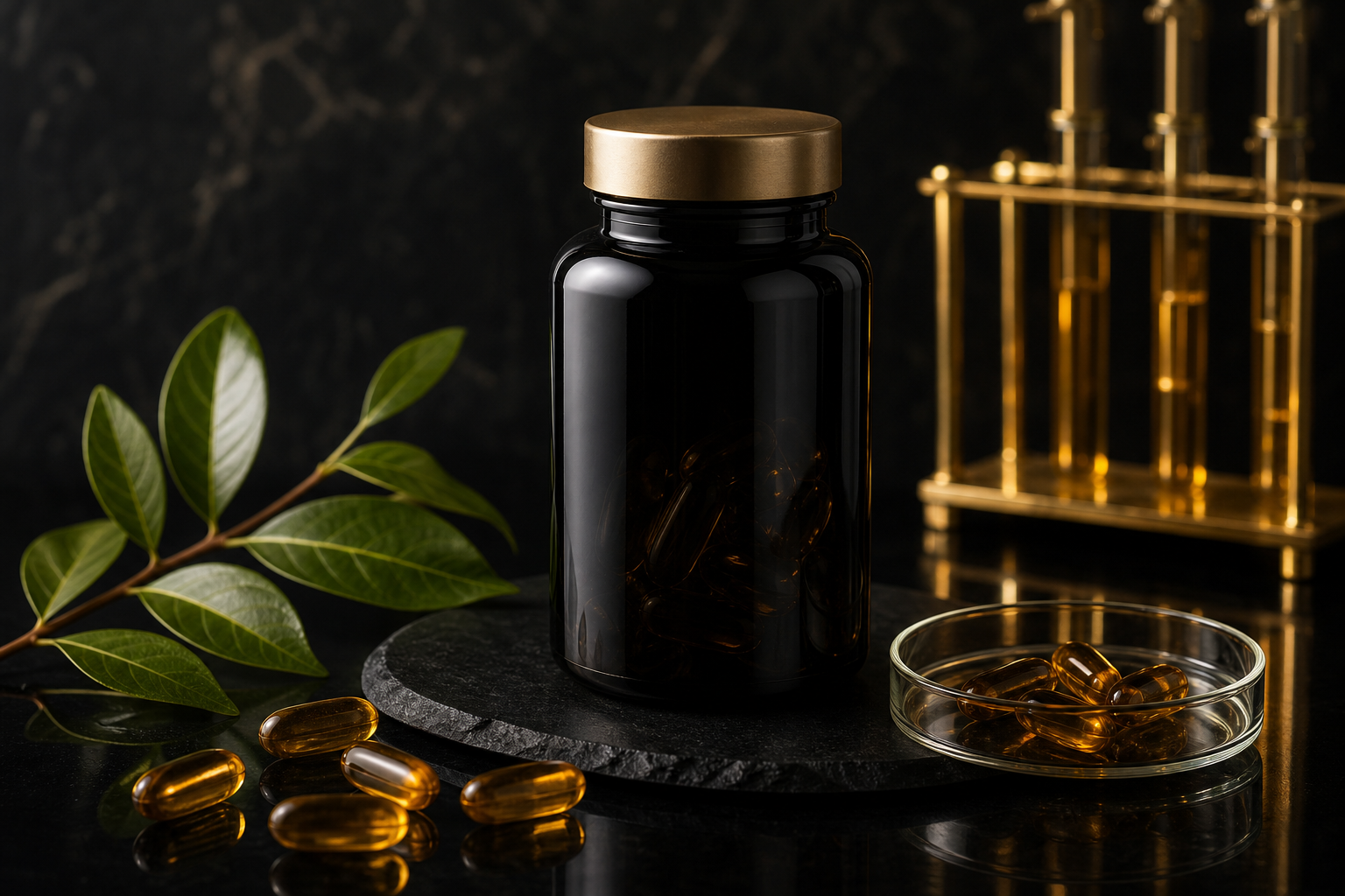 Compléments alimentaires Detox premium, flacon noir et capsules dorées