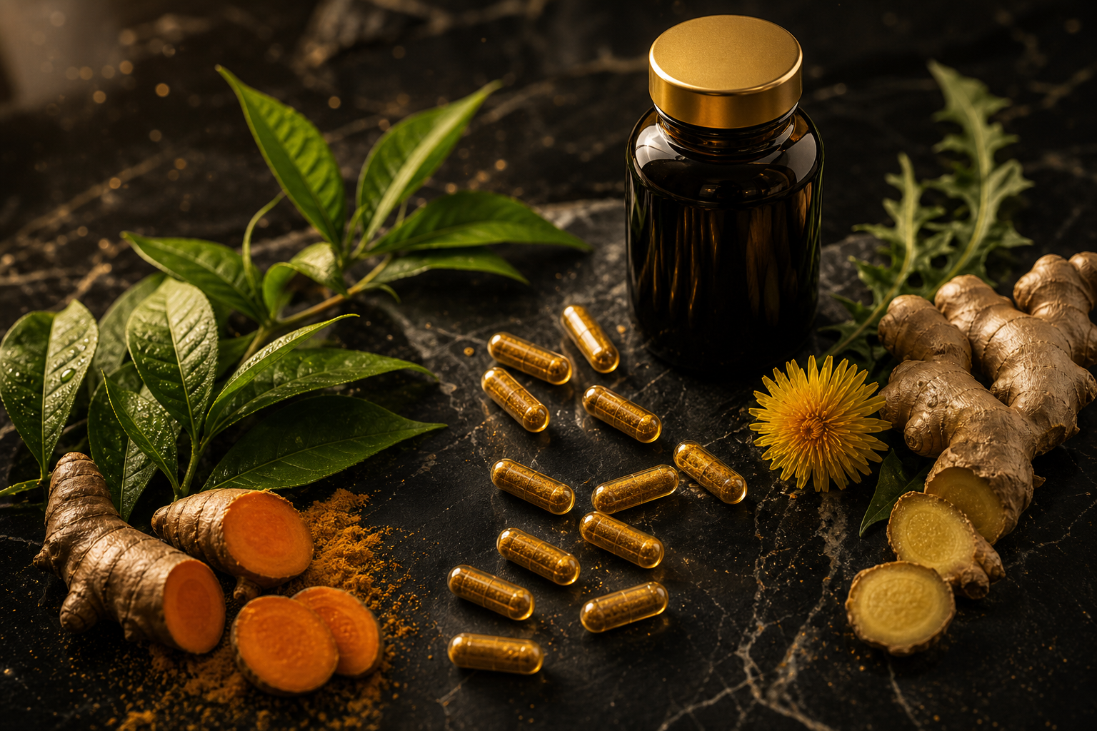 Compléments alimentaires détox : capsules dorées, thé vert, curcuma et gingembre