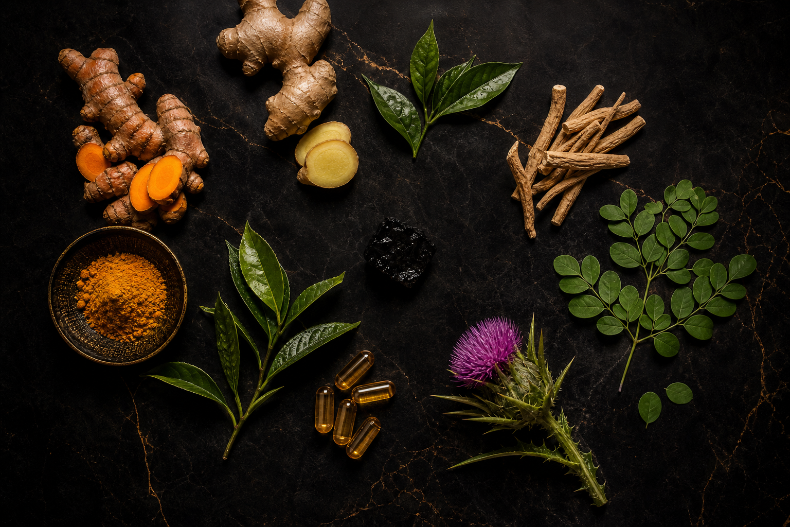 Actifs naturels Detox : curcuma, thé vert, gingembre, ashwagandha, moringa, shilajit, chardon-marie
